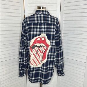 Rolling Stones Red White Blue Plaid Flannel Graphic DIY Shirt Upcycled Band Tee